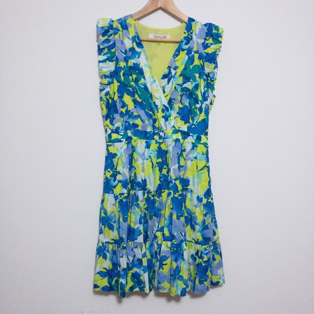 Taylor Dress Womens L Blue Green Floral Lined Pockets 100 Cotton Tier Ruffle New